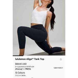 Lululemon Align Tank top, size 8, White